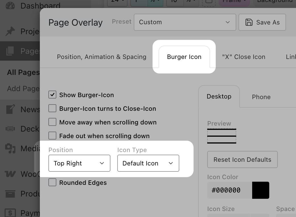 Burger Icon Position and Icon Type pickers