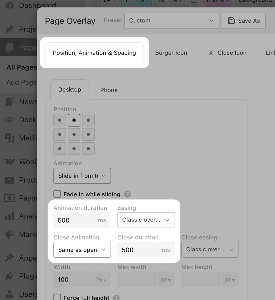 Animation duration, easing curves and close-animation controls