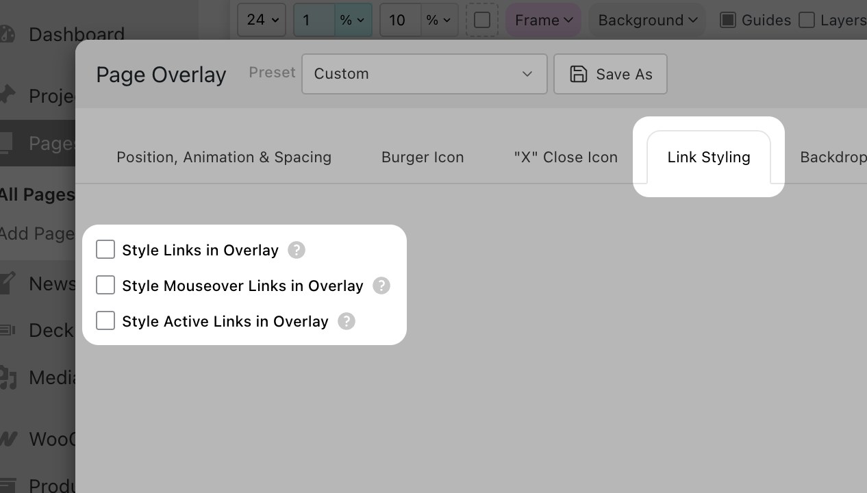 The three link-styling accordions inside the Link Styling tab