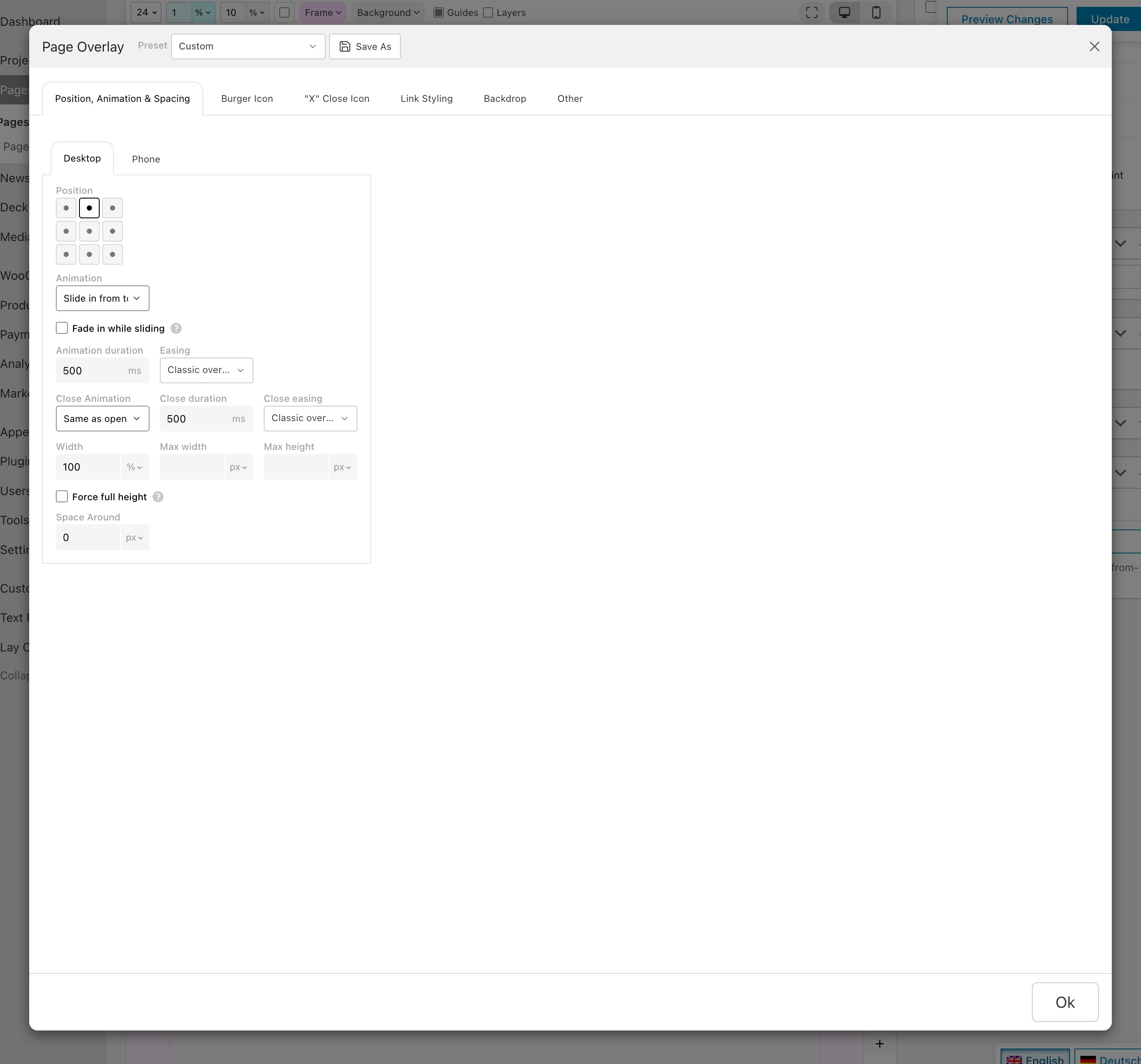 The Configure Page Overlay modal