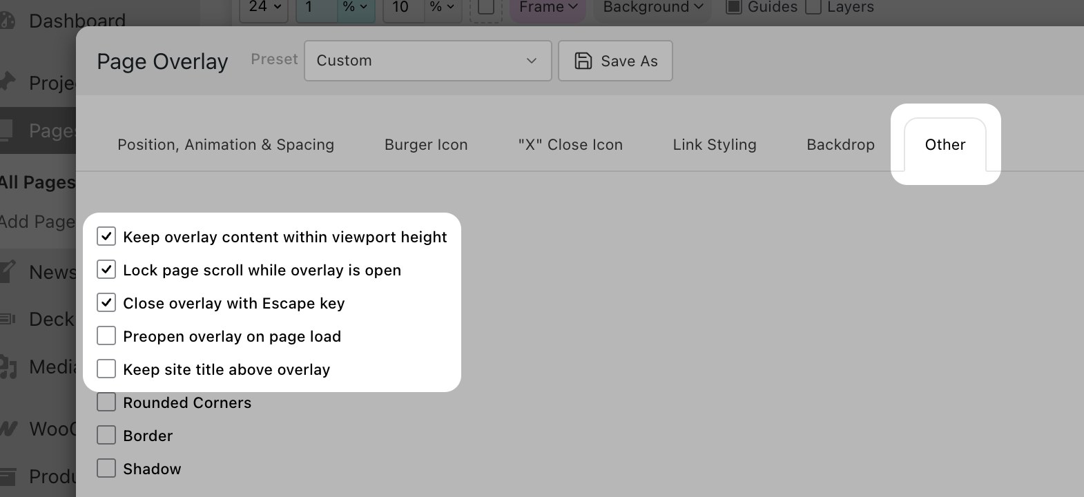 Behavior toggles in the Other tab