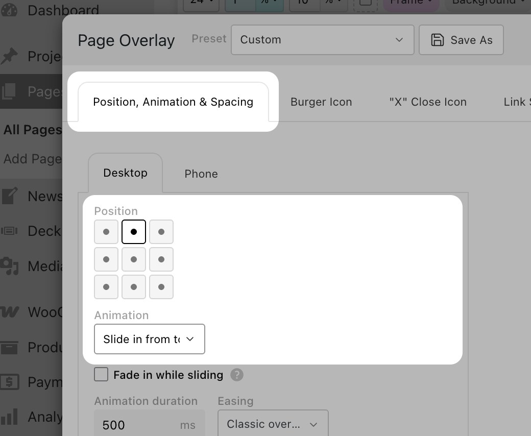 The 3x3 position grid in the Position, Animation & Spacing tab
