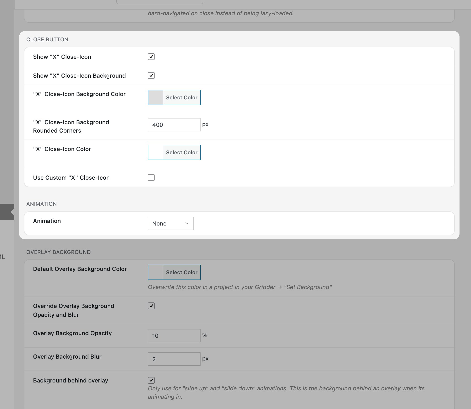 Project Overlay close button and animation settings