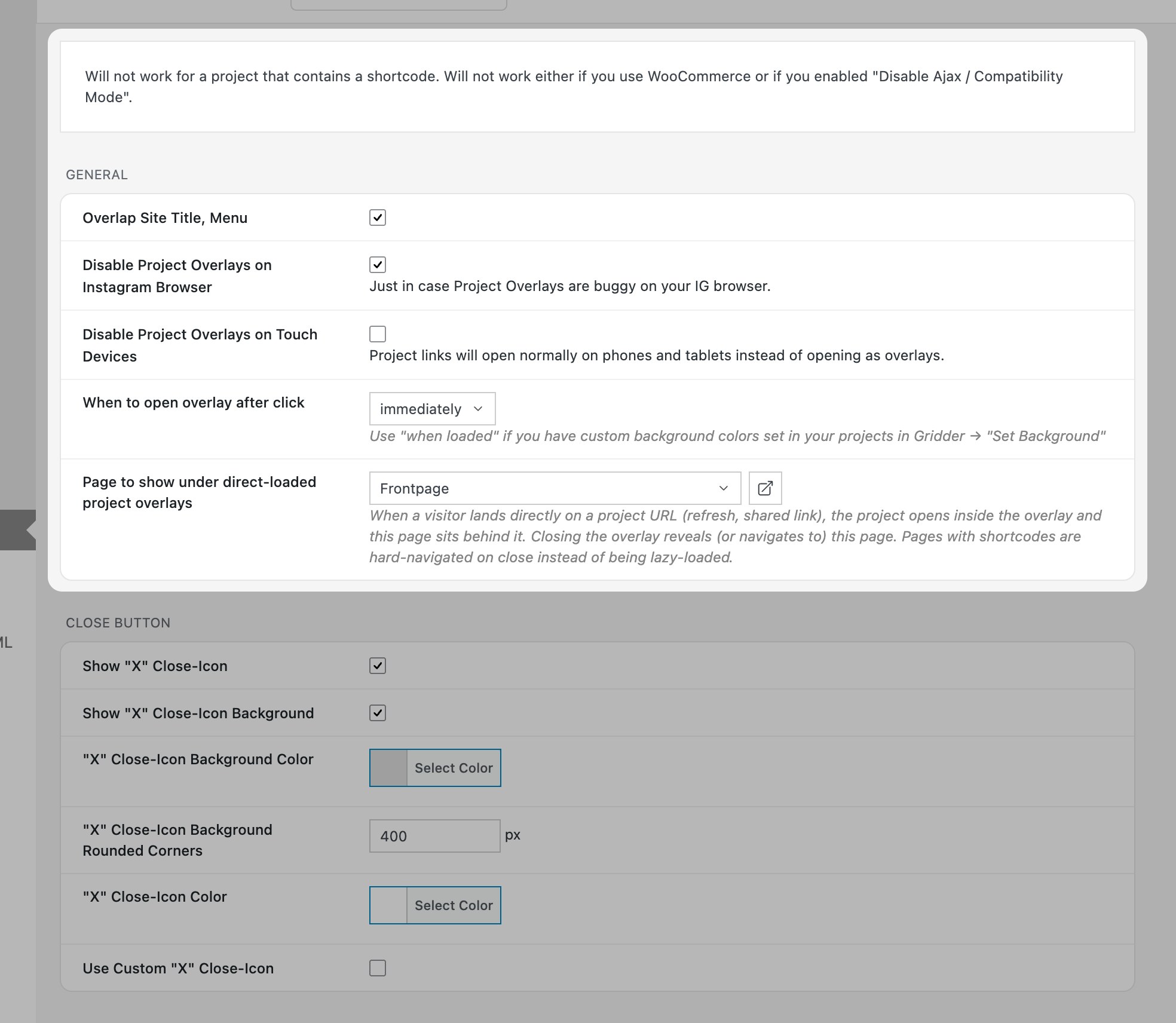 General Project Overlay settings