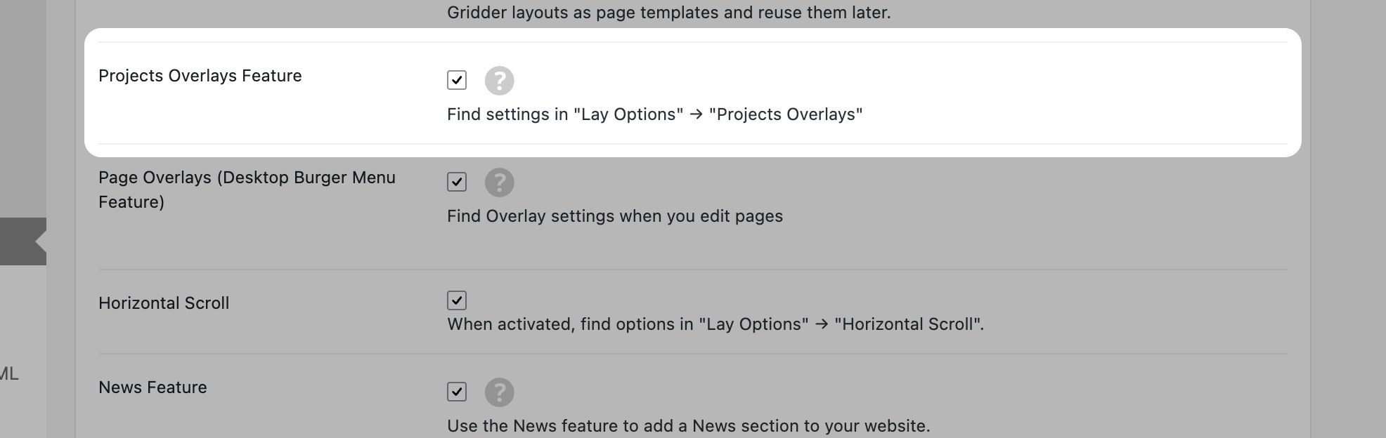 Projects Overlays Feature in Lay Options