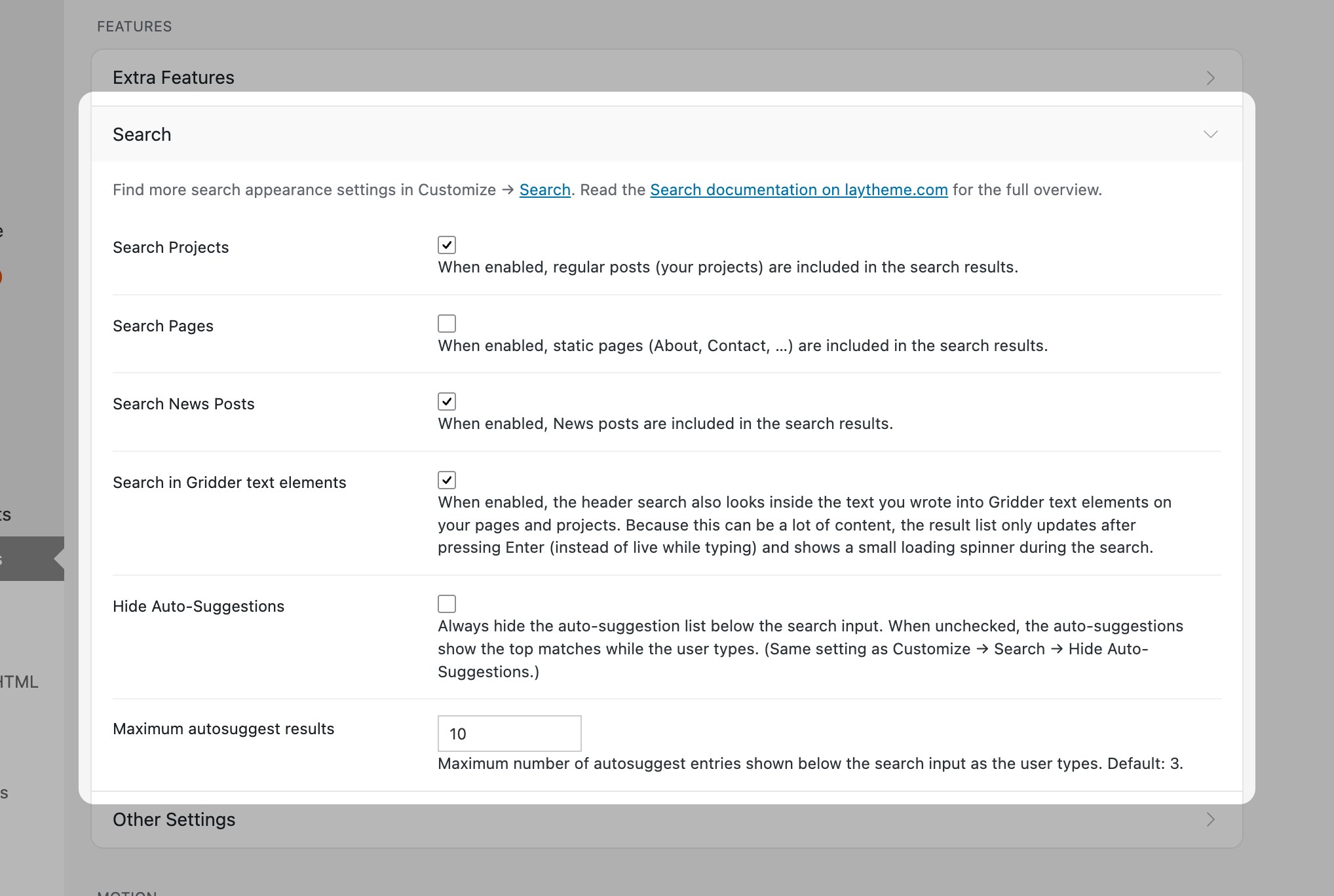Lay Options → Search panel
