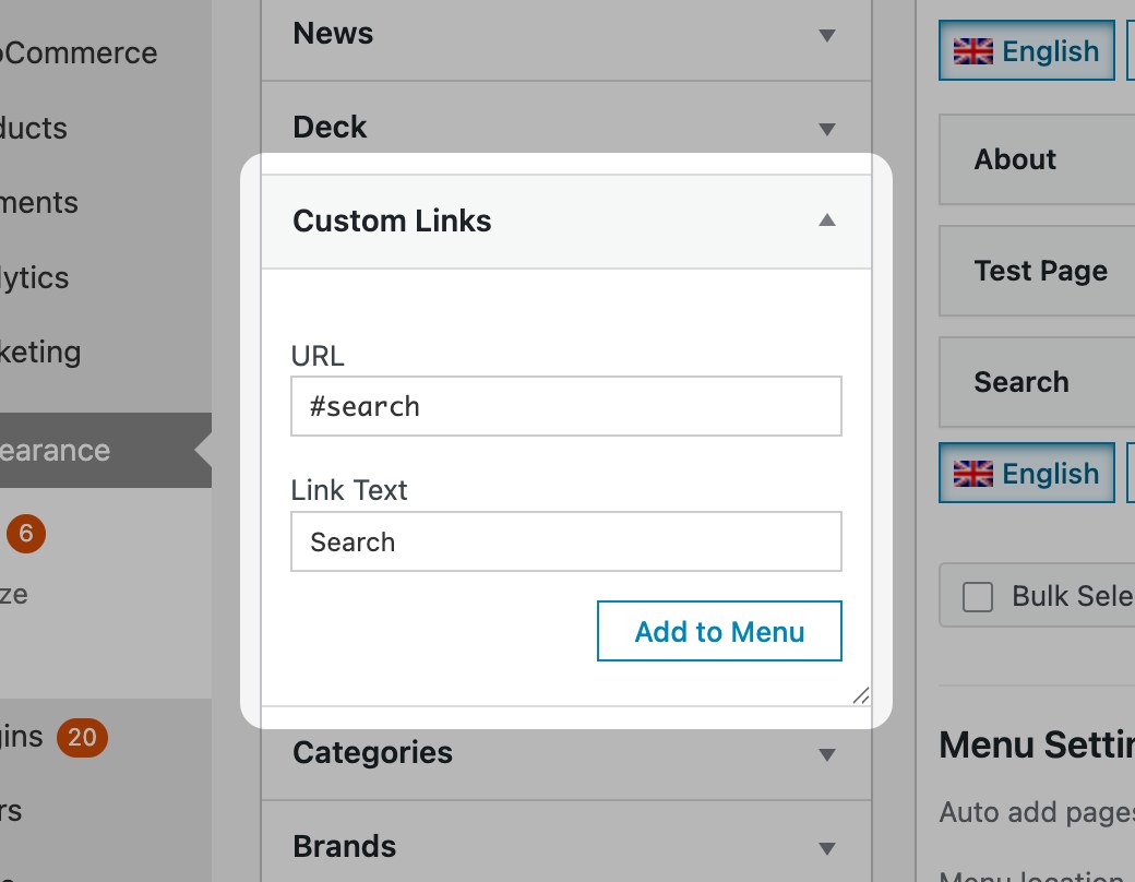 The Custom Links panel with #search as URL