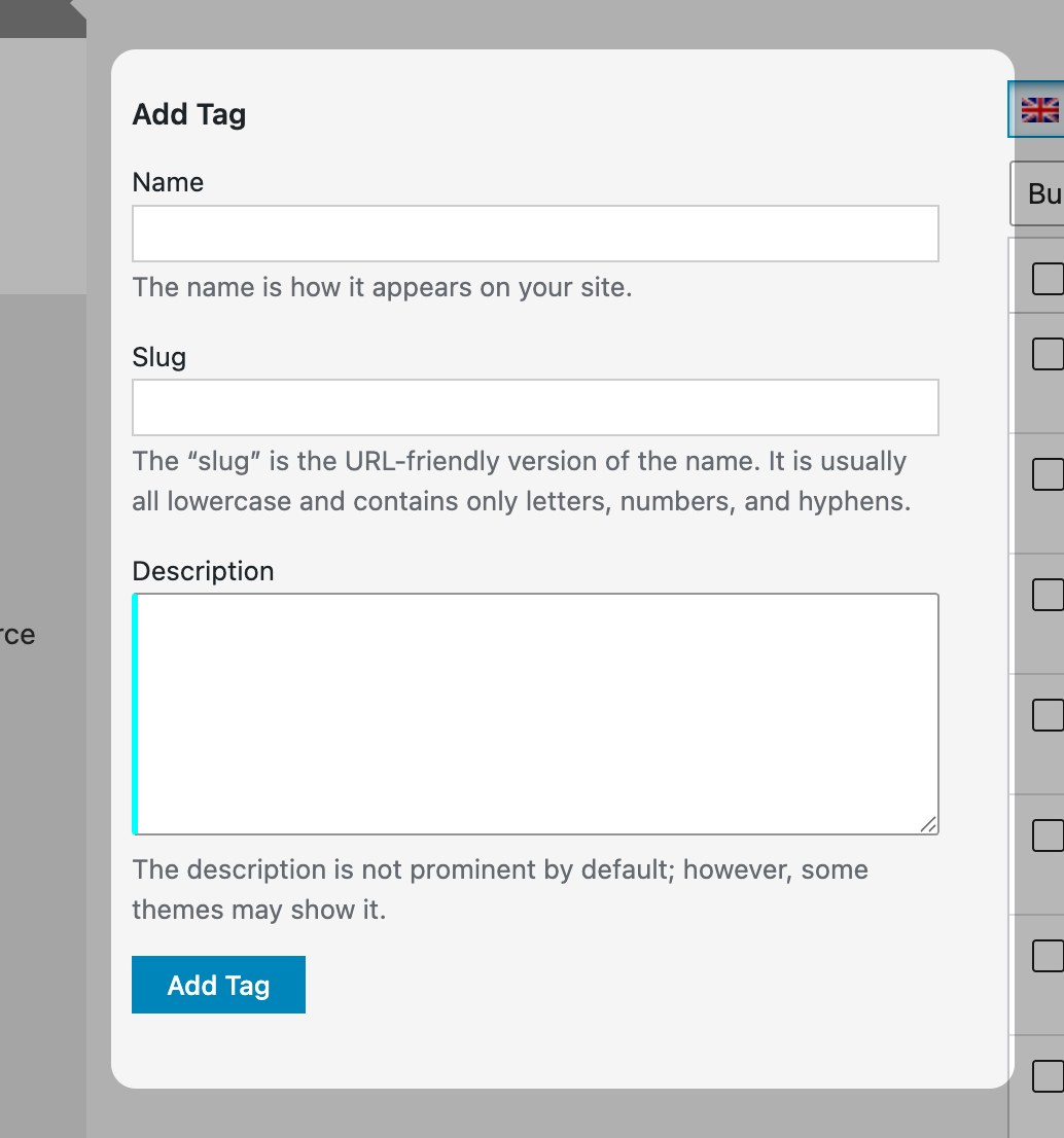 Add project tags in WordPress admin