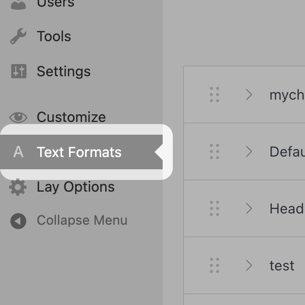 Text Formats menu point in the WordPress admin menu