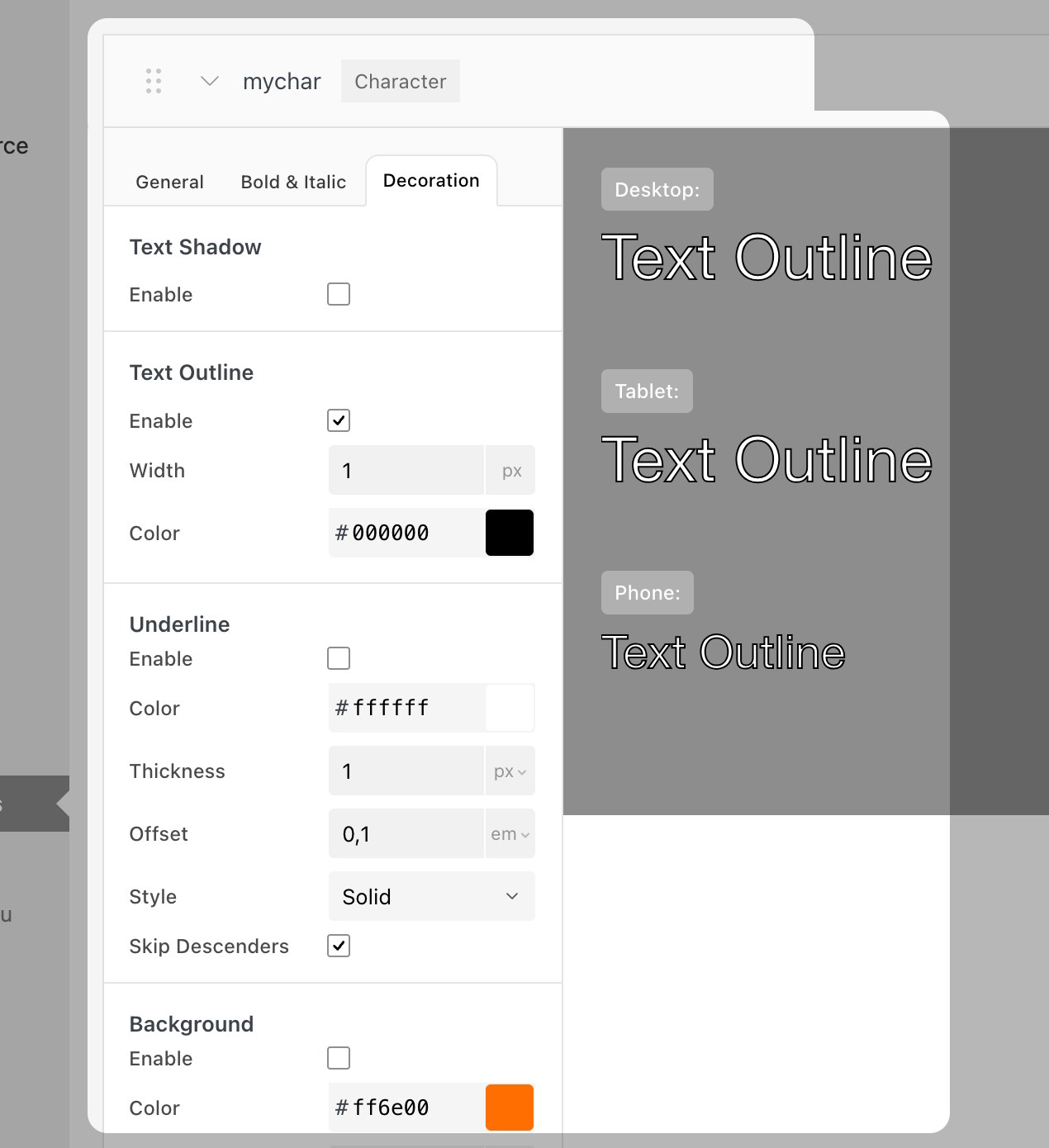 Text Outline settings in the Decoration tab