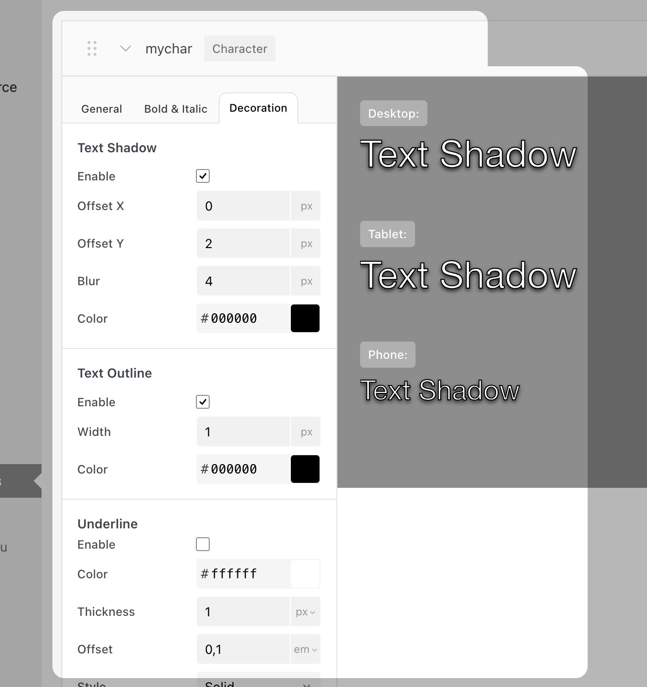 Text Shadow settings in the Decoration tab