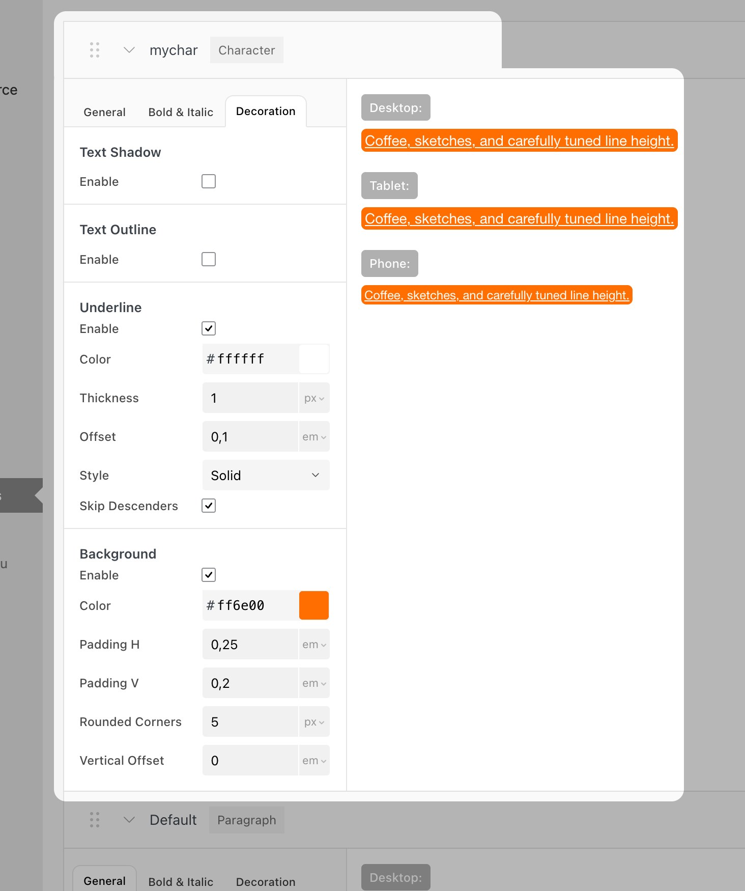 Underline and Background settings in the Decoration tab