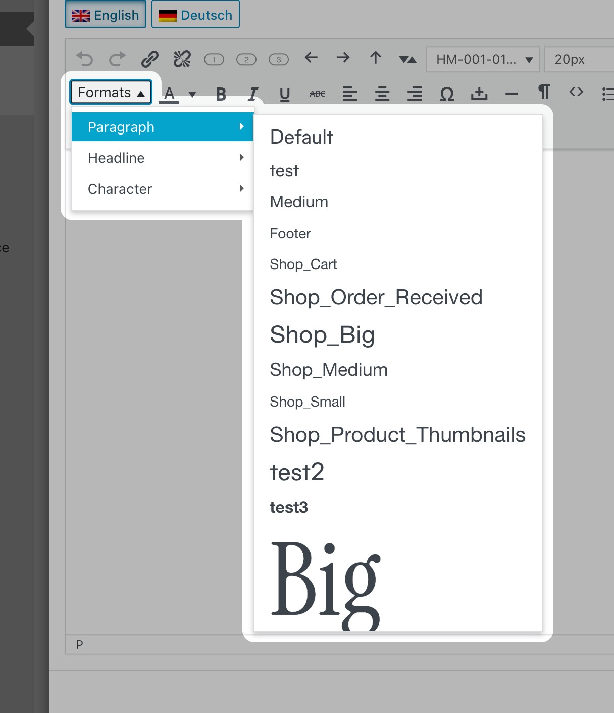 The Formats dropdown in the texteditor