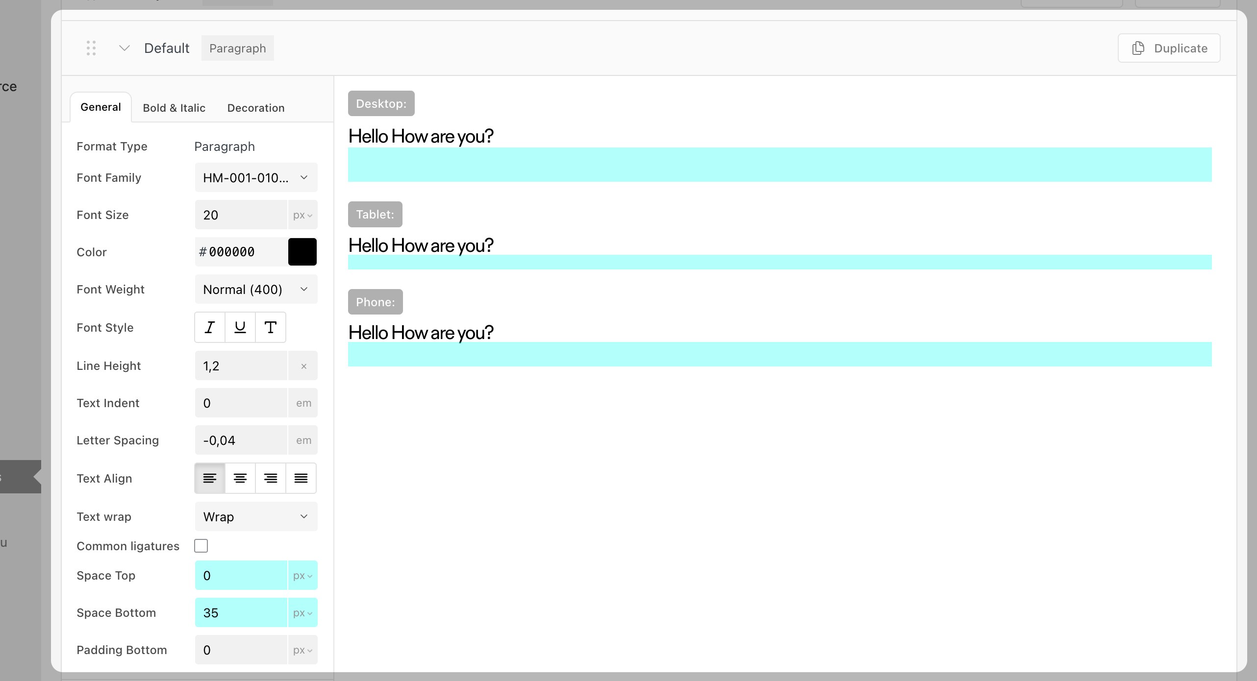 The General tab of a Text Format