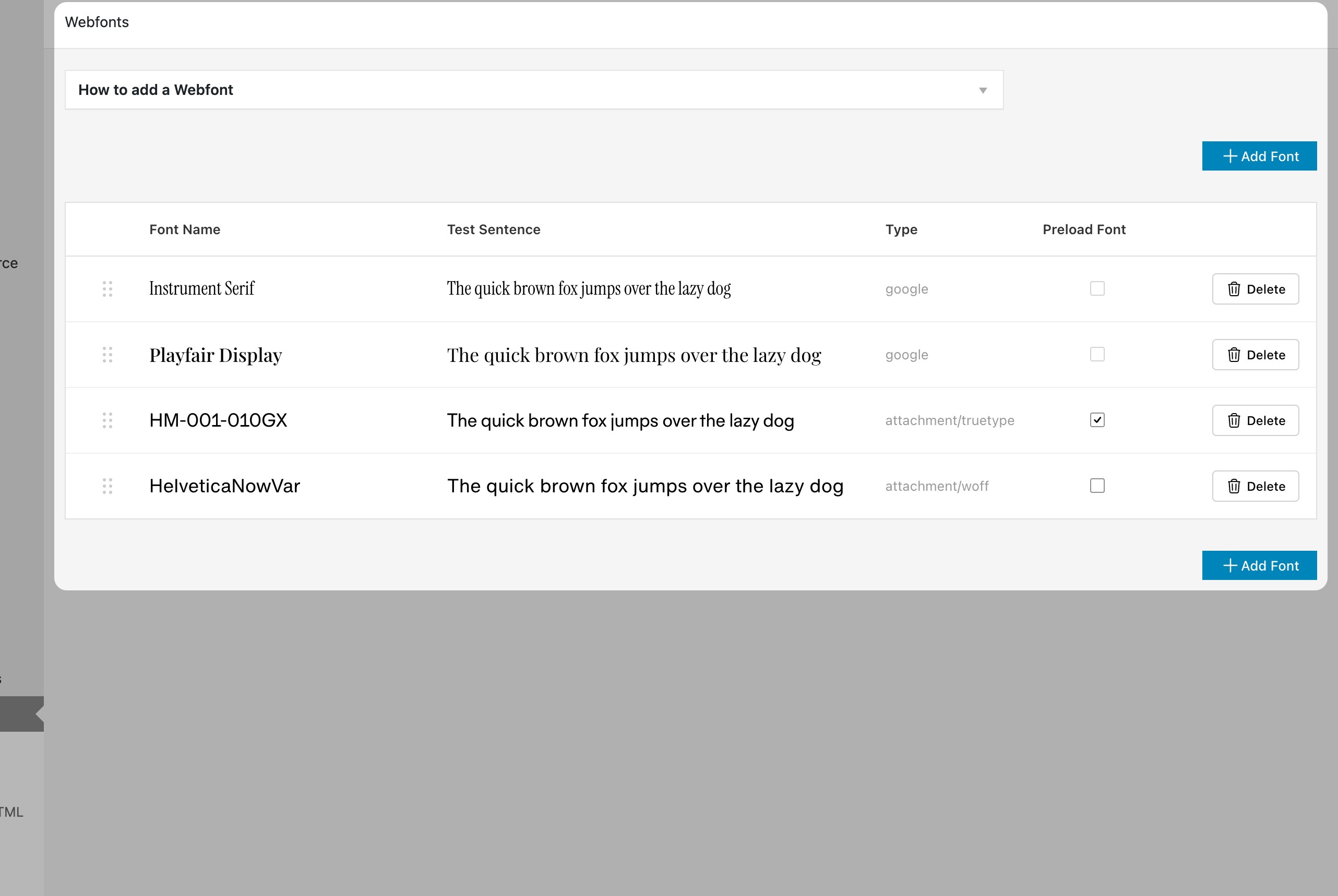 The Webfonts screen