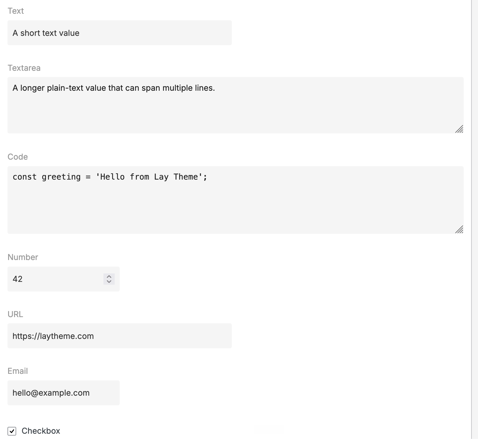 Text, textarea, code, number, URL and email content fields in Lay Theme