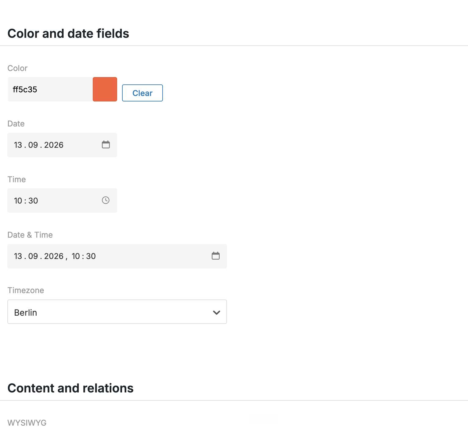 Color, date, time and timezone content fields in Lay Theme