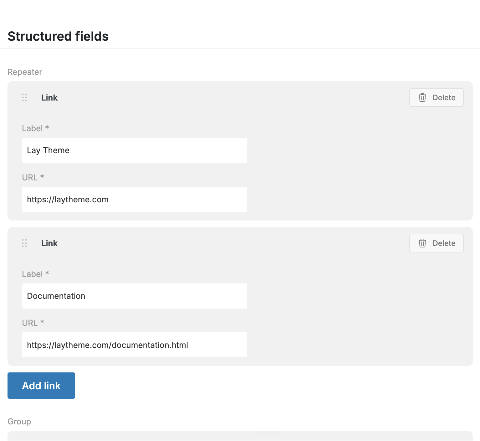 Repeater content field with links in Lay Theme