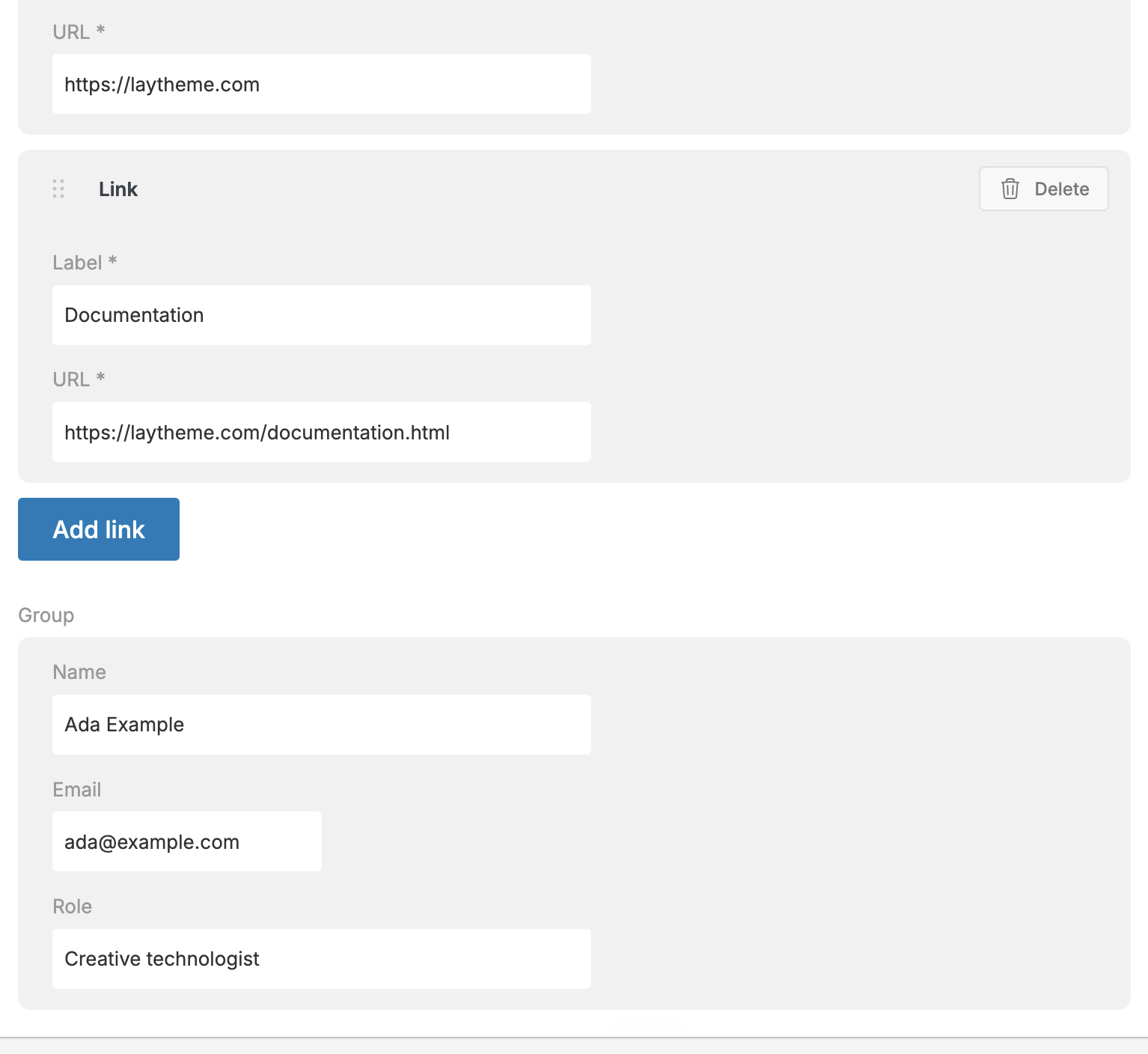 Grouped content fields in Lay Theme