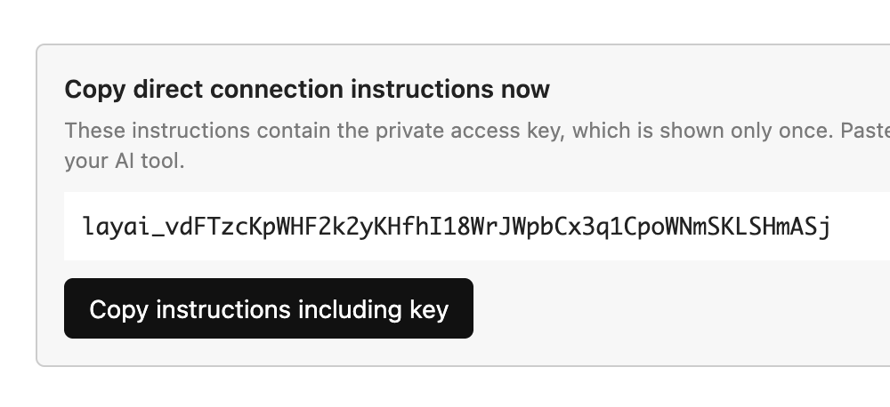 Copy the direct connection instructions including the secret key